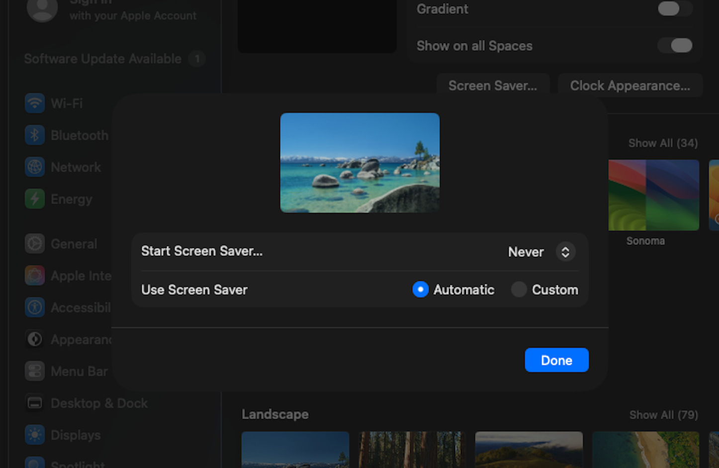 System Settings → Screen Saver preference pane